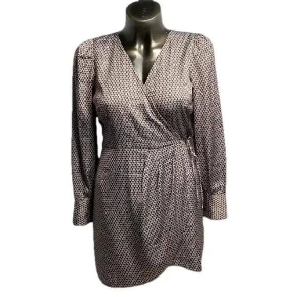 Abercrombie & Fitch Pleated Front Wrap Curve Front Long Sleeve Dress Sz Large P - Picture 3 of 17
